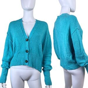 Free People Women Size XS Blue Found My Friend Cotton Cropped Sweater Cardigan